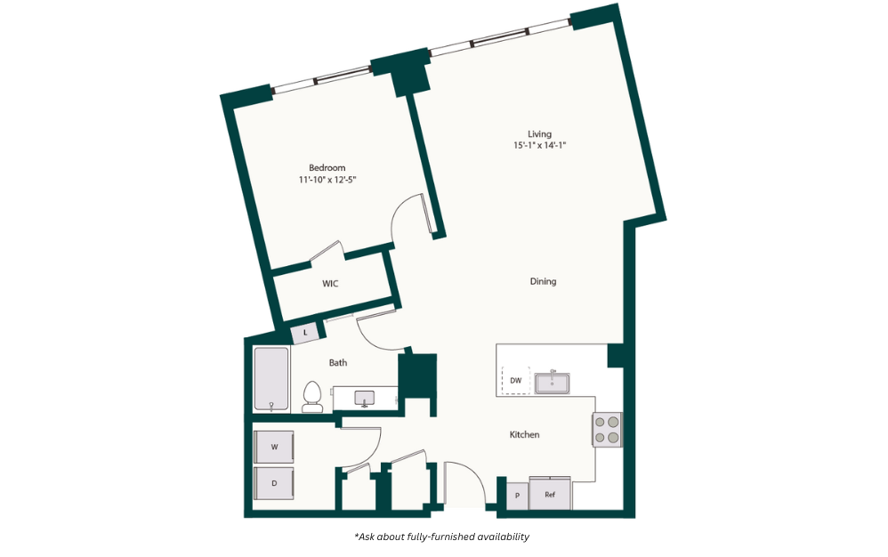 A7 - 1 bedroom floorplan layout with 1 bath and 917 square feet.