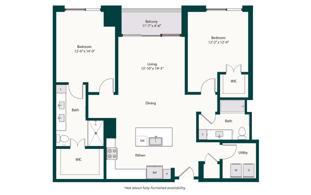 B3 - 2 bedroom floorplan layout with 2 baths and 1294 square feet.