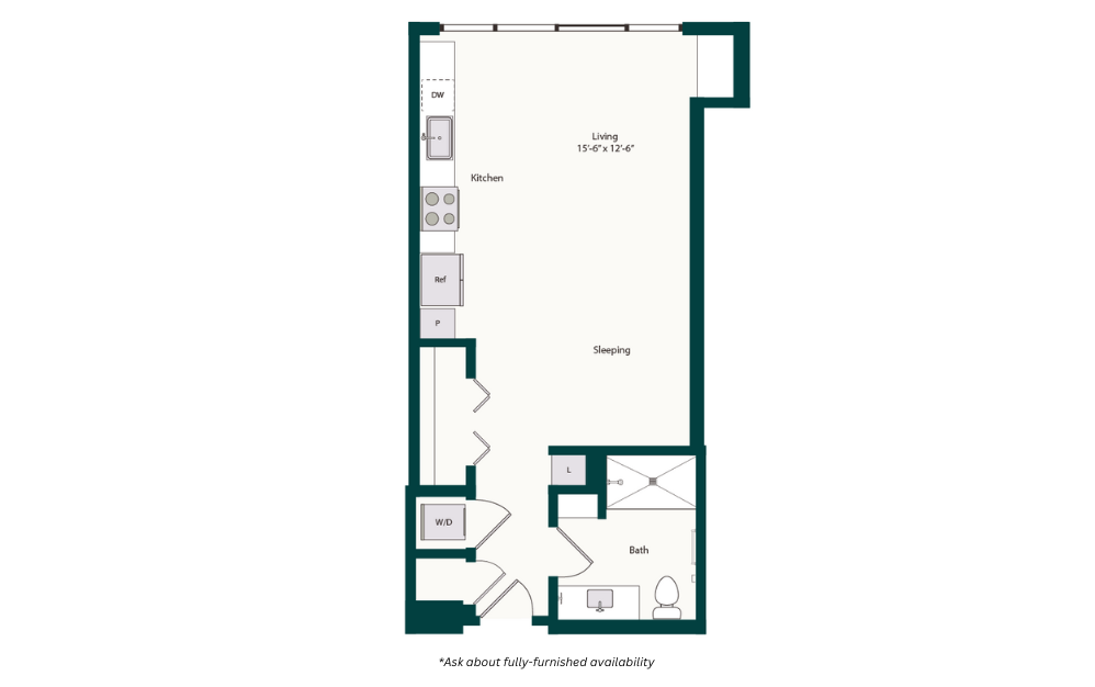 S1 - Studio floorplan layout with 1 bath and 580 square feet.
