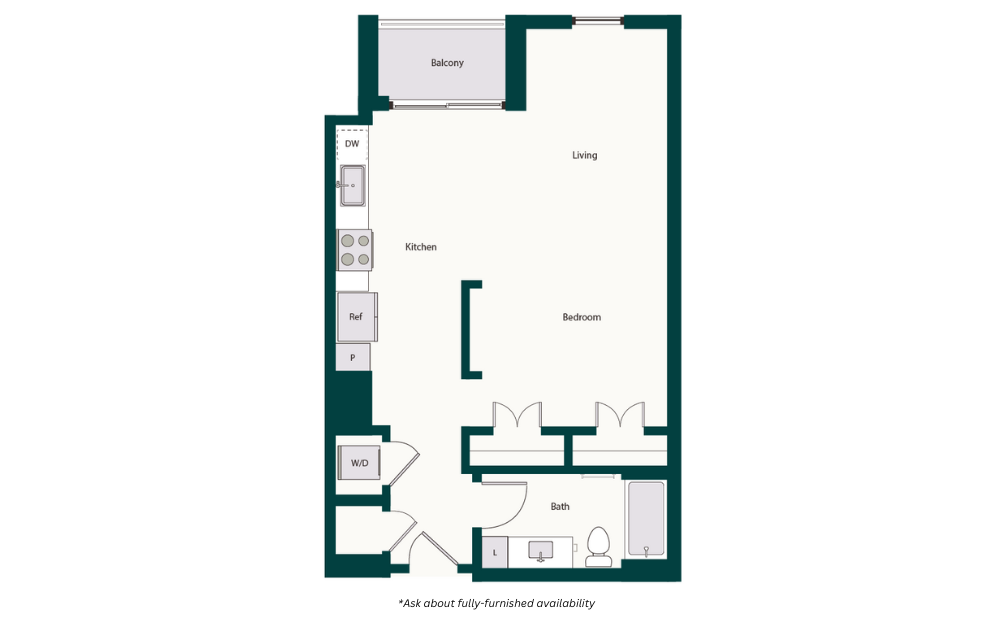 S3 - Studio floorplan layout with 1 bath and 711 square feet.