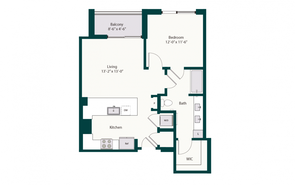 A1 - 1 bedroom floorplan layout with 1 bath and 741 square feet.