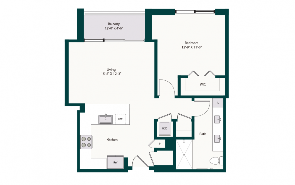 A4 - 1 bedroom floorplan layout with 1 bath and 798 square feet.