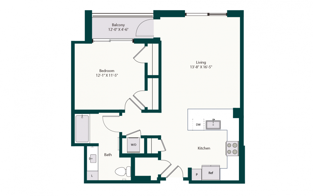 A5 - 1 bedroom floorplan layout with 1 bath and 802 square feet.