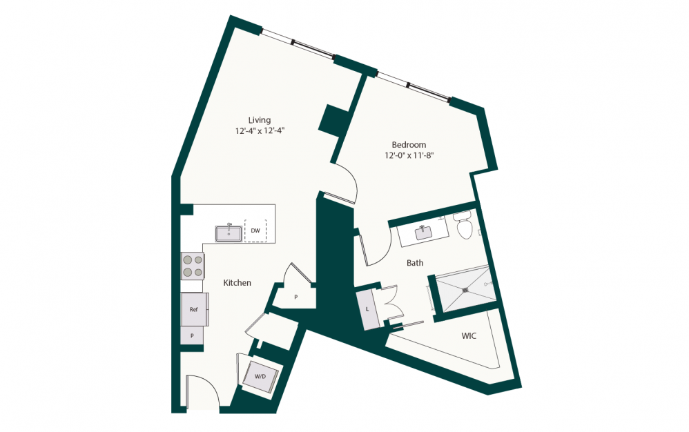 A6 - 1 bedroom floorplan layout with 1 bath and 875 square feet.