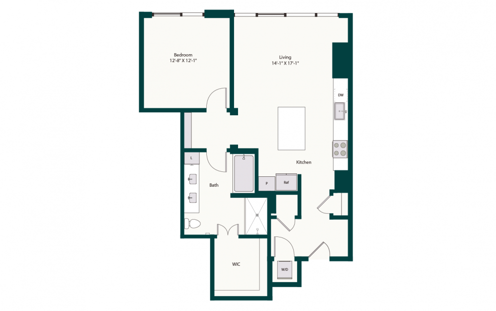 A9 - 1 bedroom floorplan layout with 1 bath and 933 square feet.