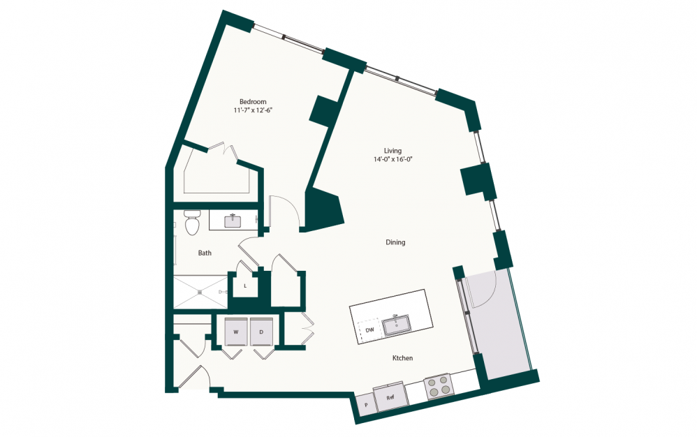 A10 - 1 bedroom floorplan layout with 1 bath and 947 square feet.