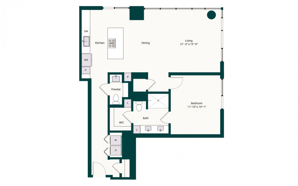 A11 - 1 bedroom floorplan layout with 1.5 bath and 1121 square feet.