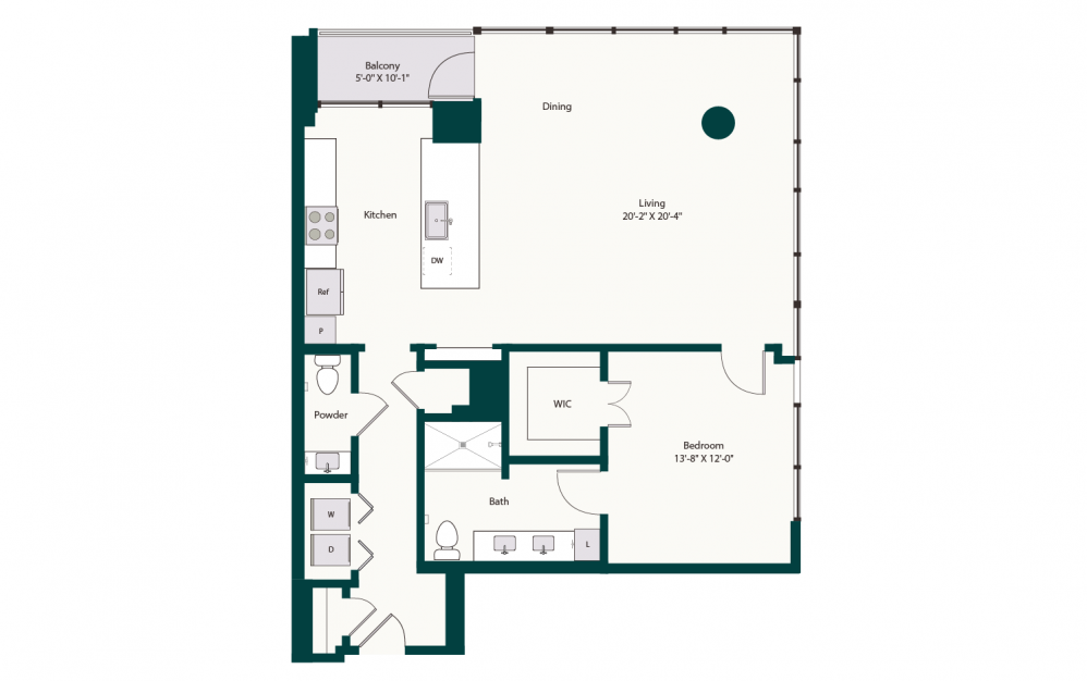 A12 - 1 bedroom floorplan layout with 1.5 bath and 1126 square feet.