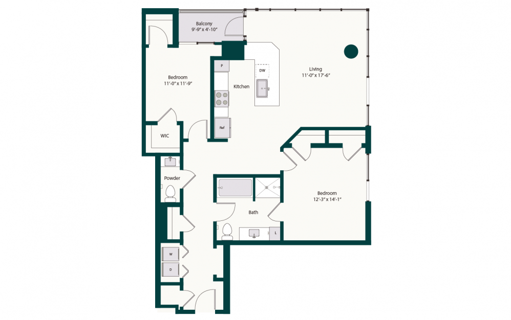 B2 - 2 bedroom floorplan layout with 1.5 bath and 1230 square feet.
