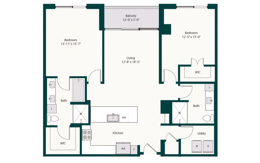 B4 - 2 bedroom floorplan layout with 2 baths and 1319 square feet.