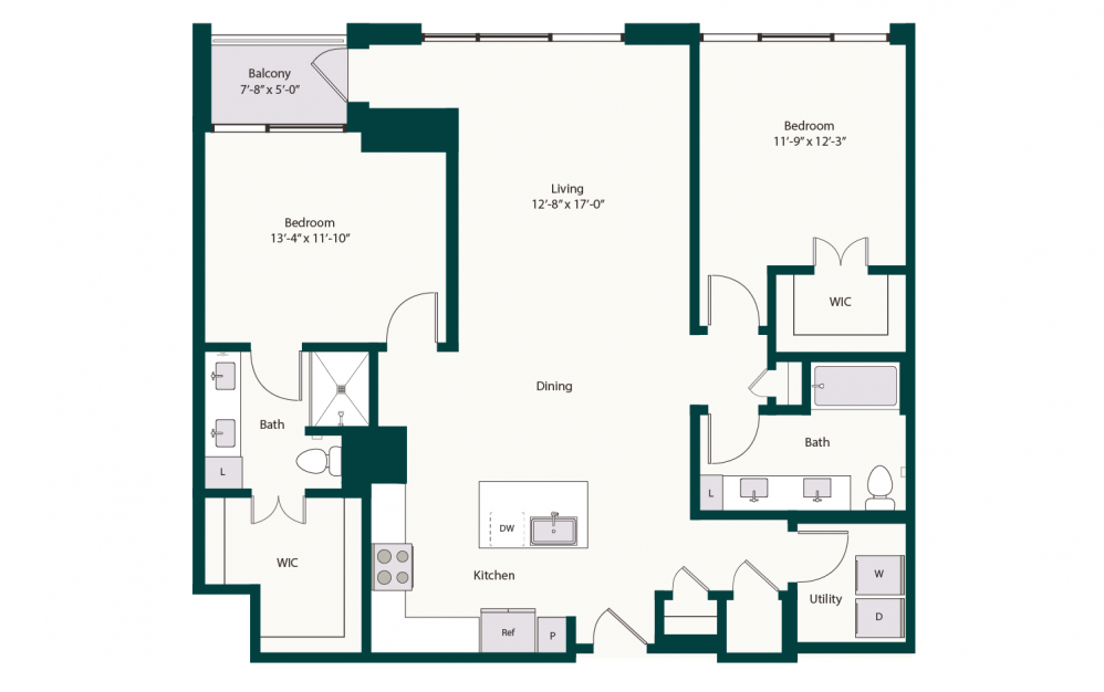 B5 - 2 bedroom floorplan layout with 2 baths and 1320 to 1333 square feet.