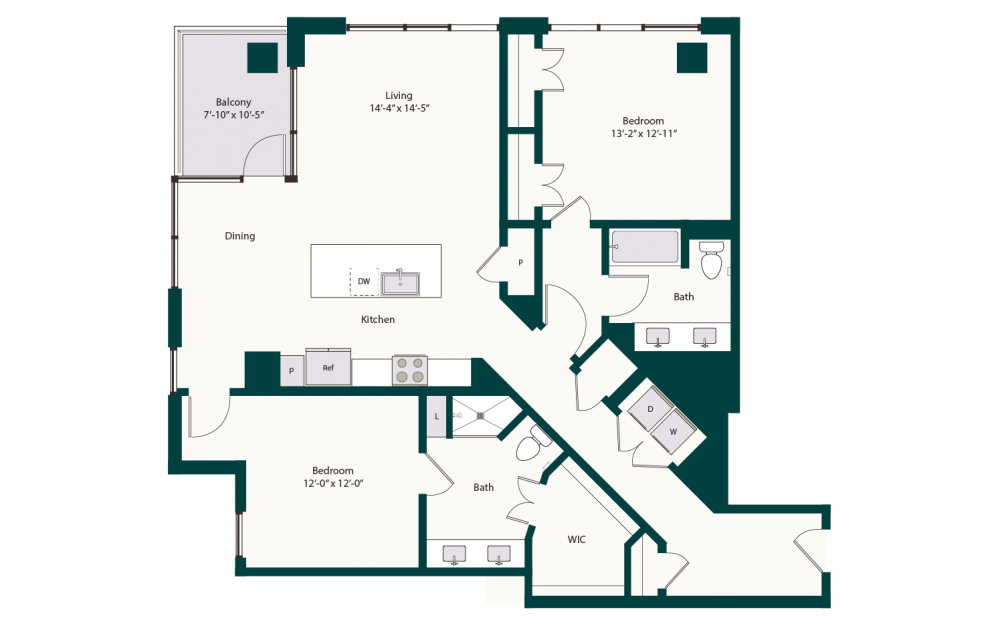 B6A - 2 bedroom floorplan layout with 2 baths and 1437 to 1467 square feet.
