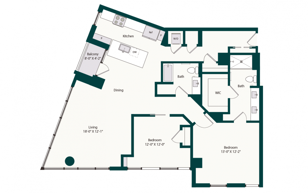 B7 - 2 bedroom floorplan layout with 2 baths and 1479 square feet.