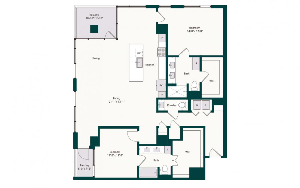 B8 - 2 bedroom floorplan layout with 2.5 baths and 1676 square feet.