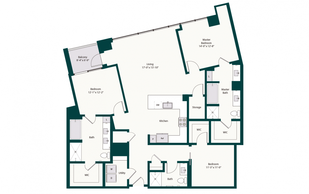 C1 - 3 bedroom floorplan layout with 3 baths and 1837 square feet.