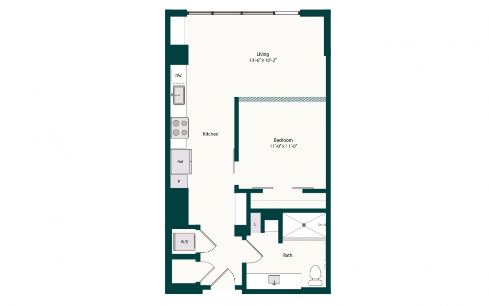 E2 - 1 bedroom floorplan layout with 1 bath and 686 square feet.