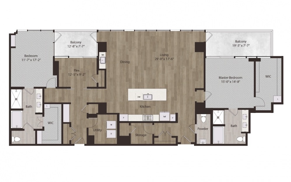 P1 - 2 bedroom floorplan layout with 2.5 baths and 2436 square feet.