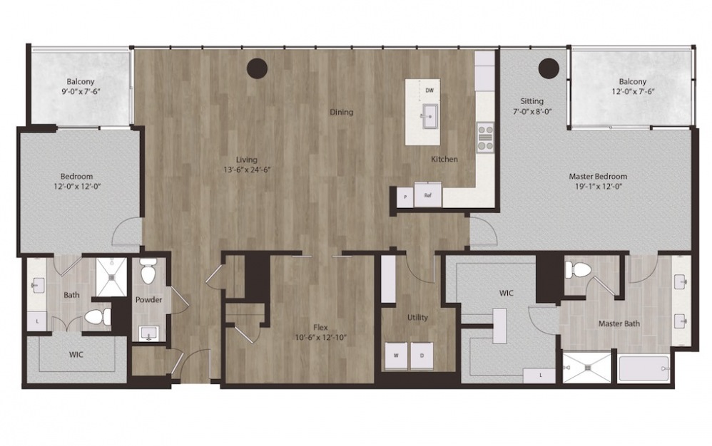 P2 - 2 bedroom floorplan layout with 2.5 baths and 2095 square feet.