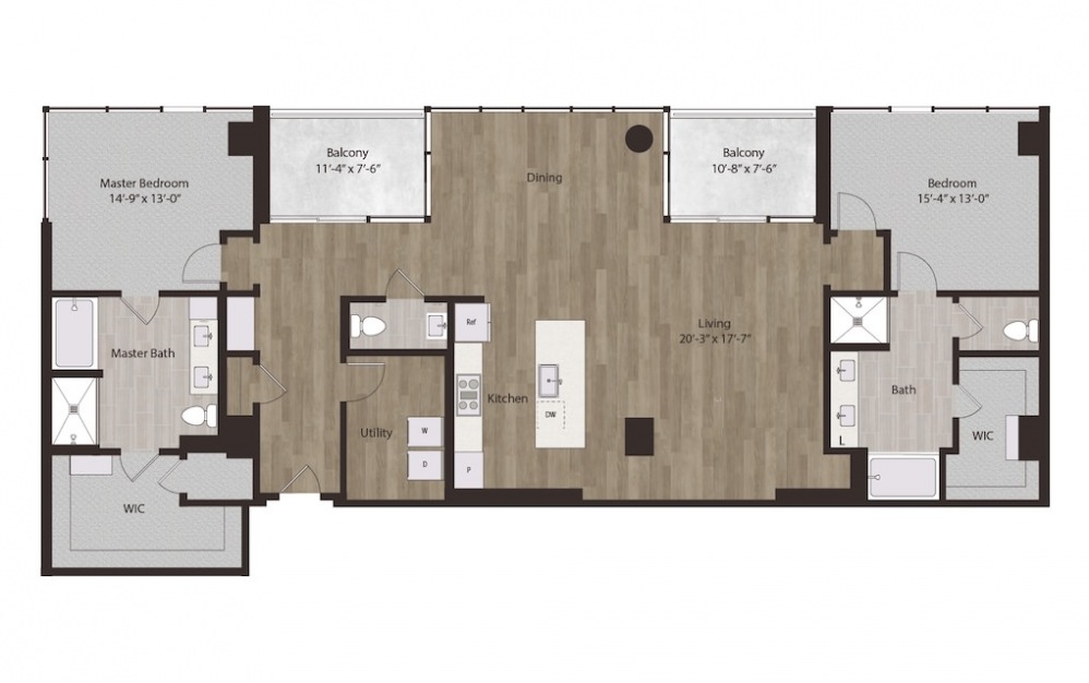 P3 - 2 bedroom floorplan layout with 2.5 baths and 2044 square feet.