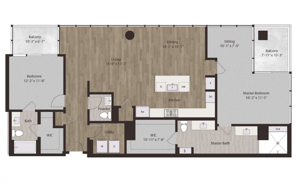 P4 - 2 bedroom floorplan layout with 2.5 baths and 1678 square feet.