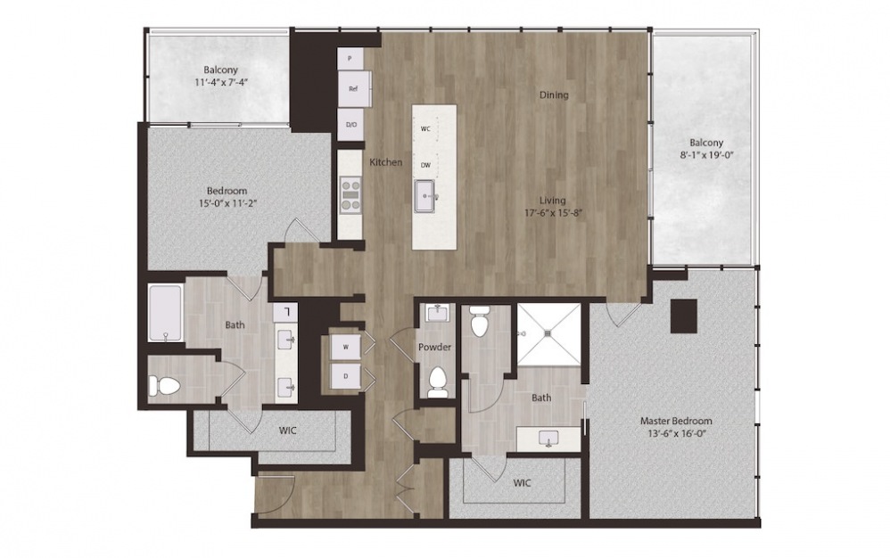 P8 - 2 bedroom floorplan layout with 2.5 baths and 1679 square feet.