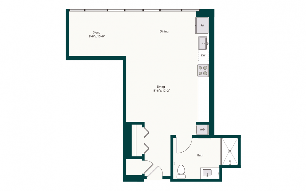 S2 - Studio floorplan layout with 1 bath and 669 square feet.