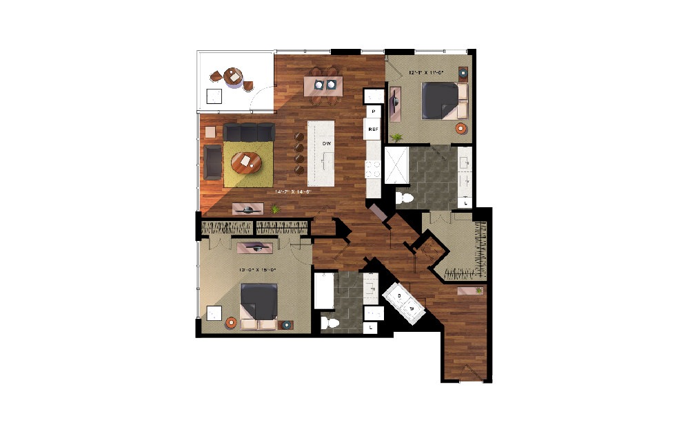 B6A - 2 bedroom floorplan layout with 2 baths and 1437 to 1467 square feet. B6A - 2 bedroom floorplan layout with 2 baths and 1437 to 1467 square feet.