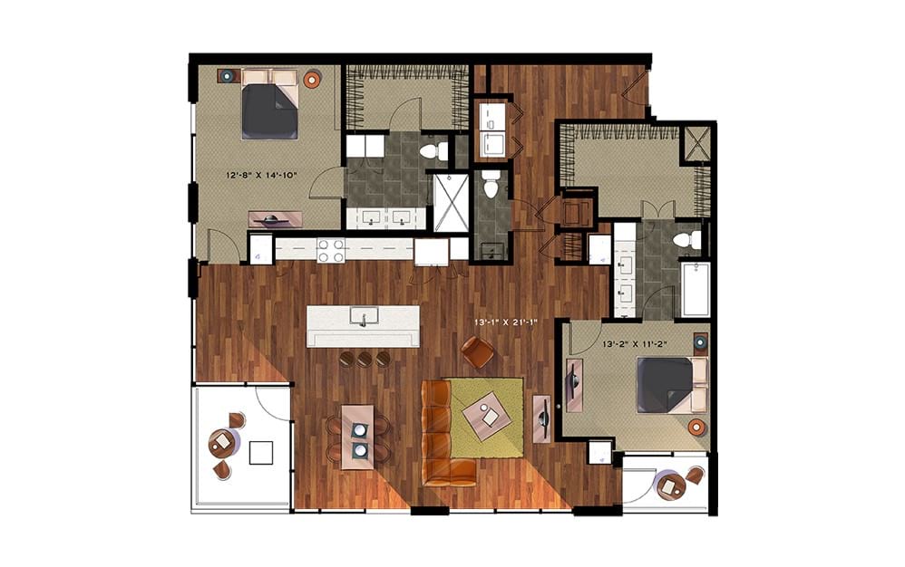 B8 - 2 bedroom floorplan layout with 2.5 baths and 1676 square feet. B8 - 2 bedroom floorplan layout with 2.5 baths and 1676 square feet.