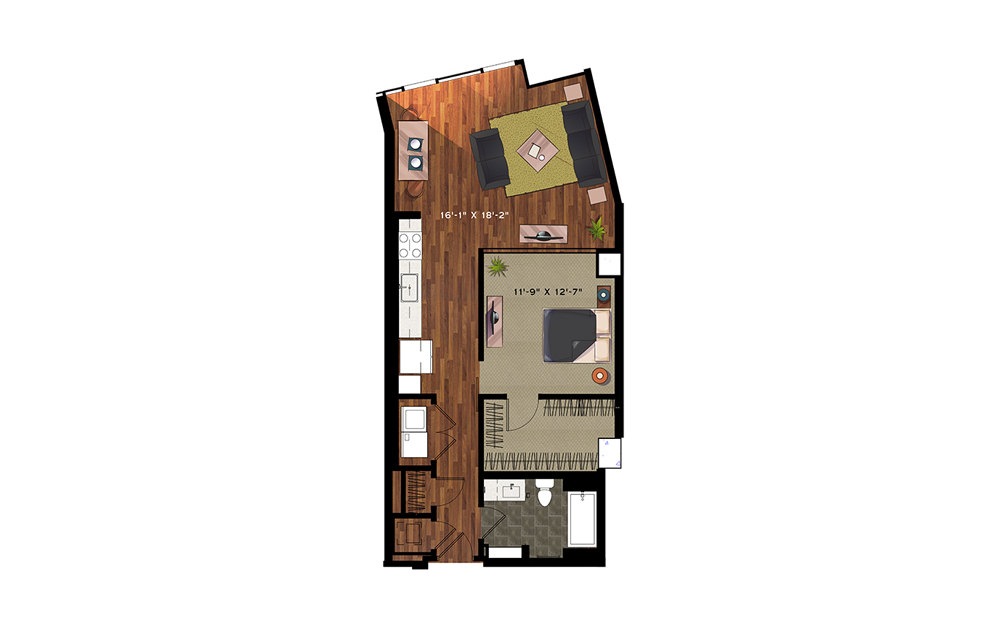 E3 - 1 bedroom floorplan layout with 1 bath and 915 square feet.