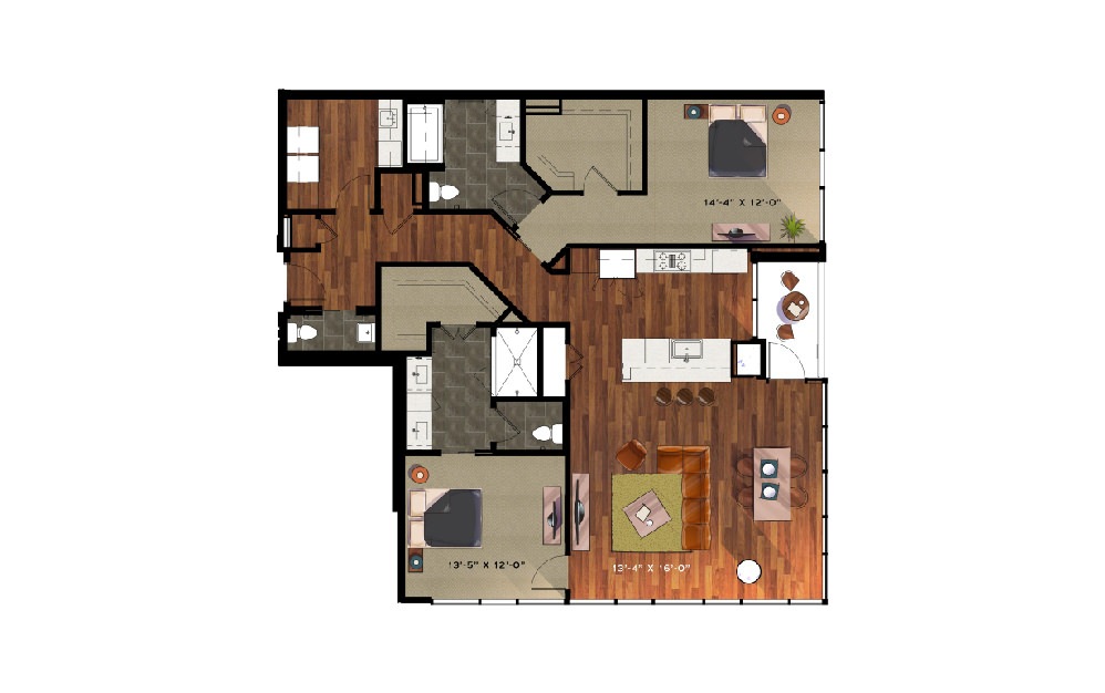P5 - 2 bedroom floorplan layout with 2.5 baths and 1672 square feet.