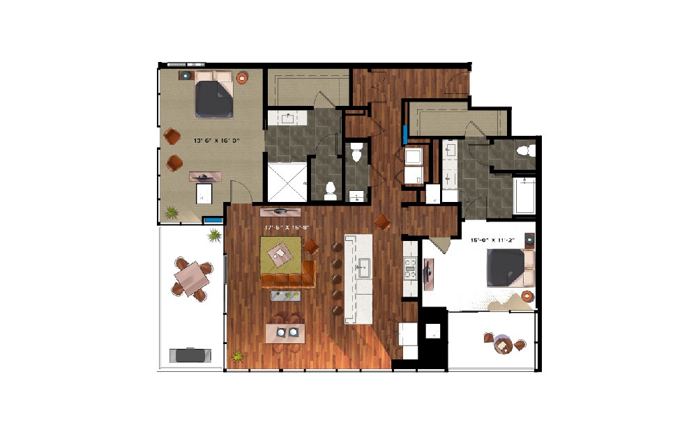 P8 - 2 bedroom floorplan layout with 2.5 baths and 1679 square feet.